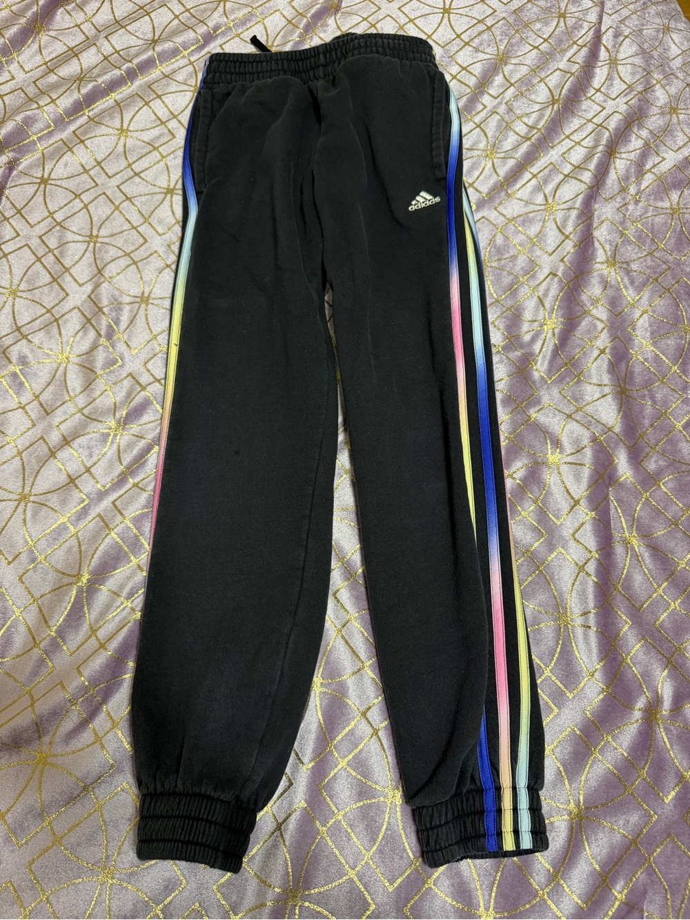 💥 KIDS Adidas Black Joggers with Multi-Color Side Stripes (small stains)